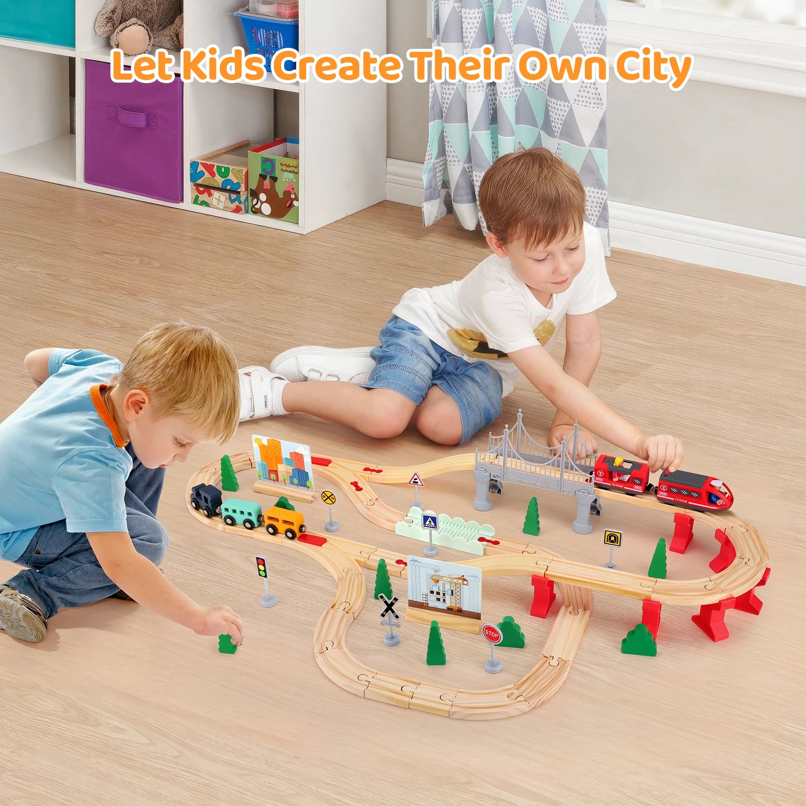 enfant construisant circuit train montessori bois coloré 72 pièces
