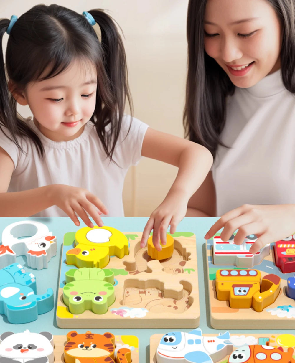 enfant jouant puzzle 3D animaux montessori bois autonomie éveil