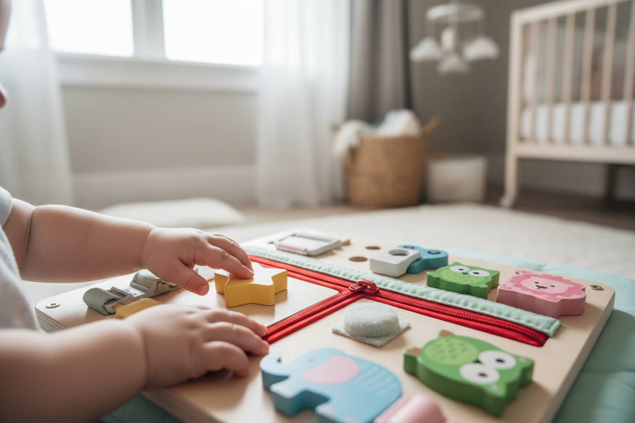 Bébé explorant un tableau d'activités Montessori