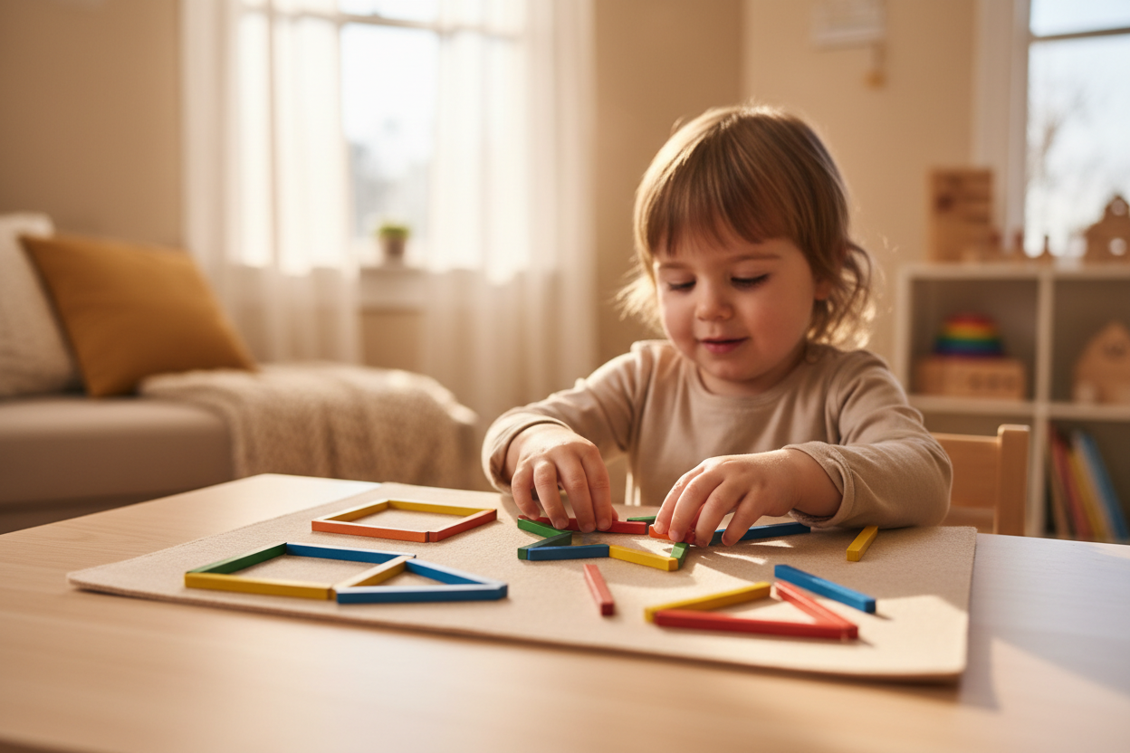 Enfant assemblant des bâtonnets colorés Montessori en formes géométriques