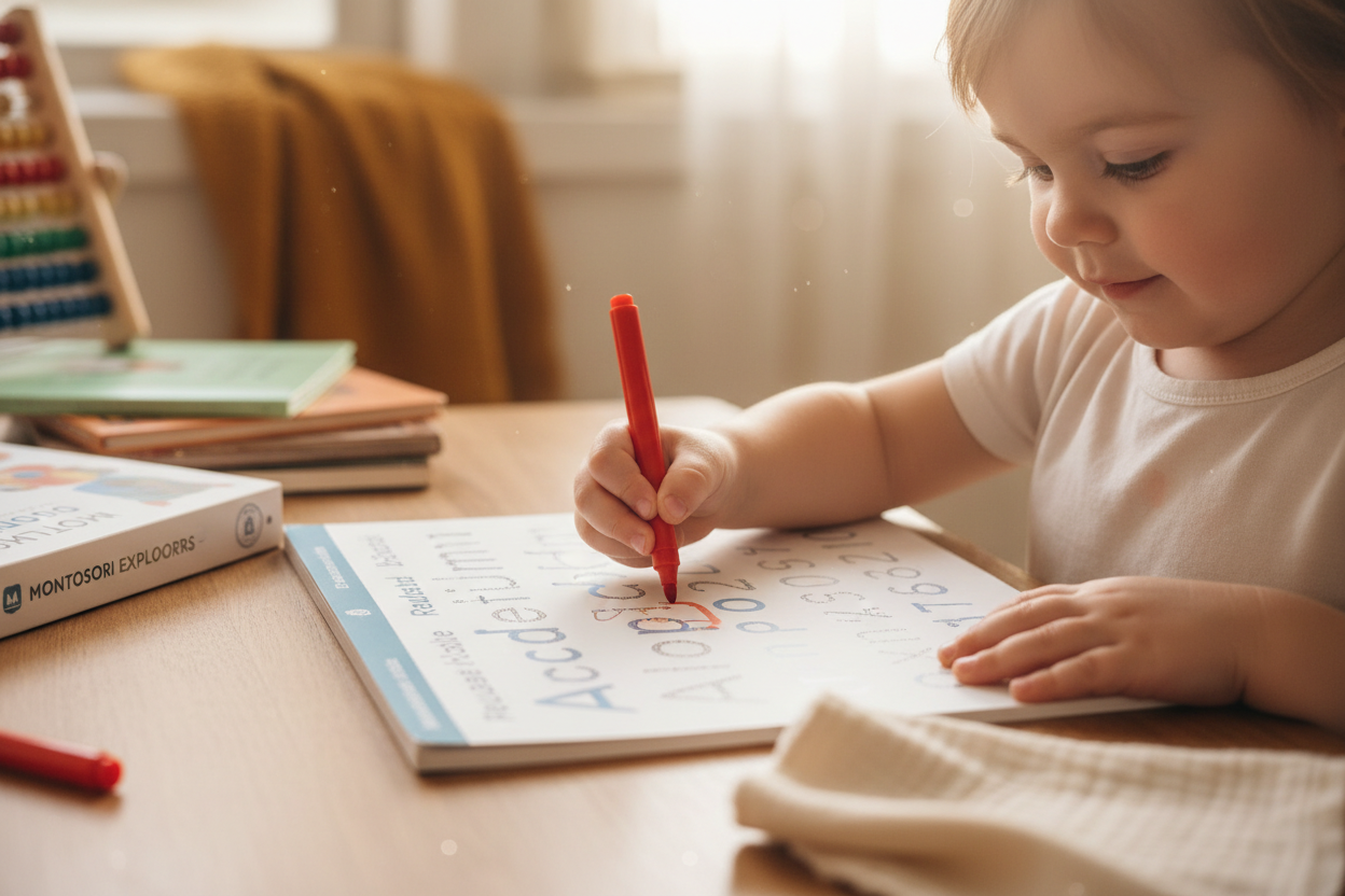 Enfant traçant des lettres dans le cahier d'écriture Montessori réutilisable
