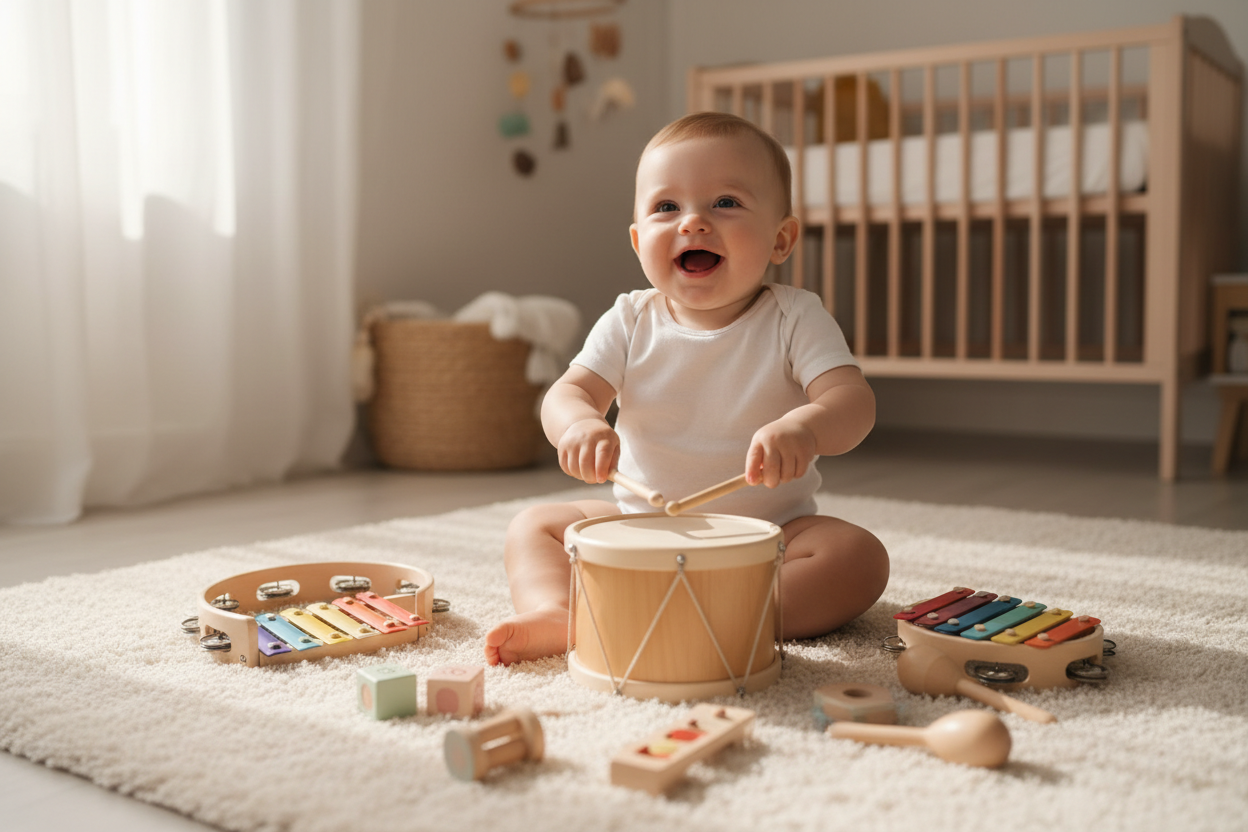 bébé jouant kit musical montessori bois batterie percussions éveil