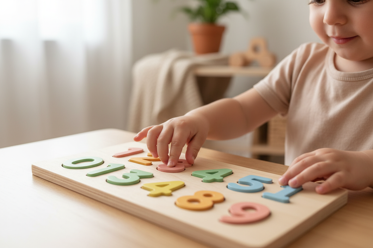 Enfant découvrant les chiffres avec le Tableau Magique Montessori