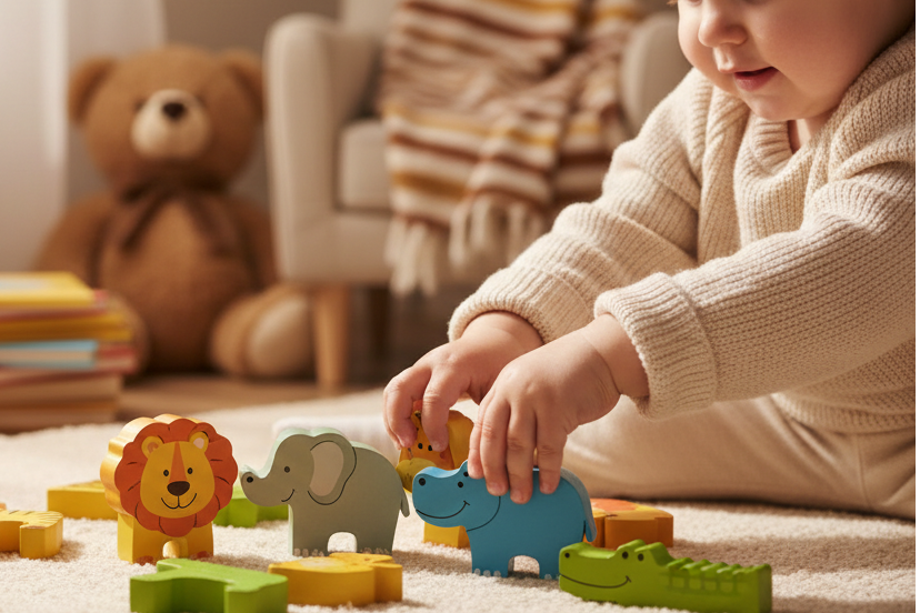 Enfant assemblant un puzzle 3D animaux en bois Montessori